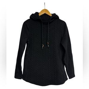 Hooded Pullover Sweater with Cable Knit Detail Black Size Small Classic